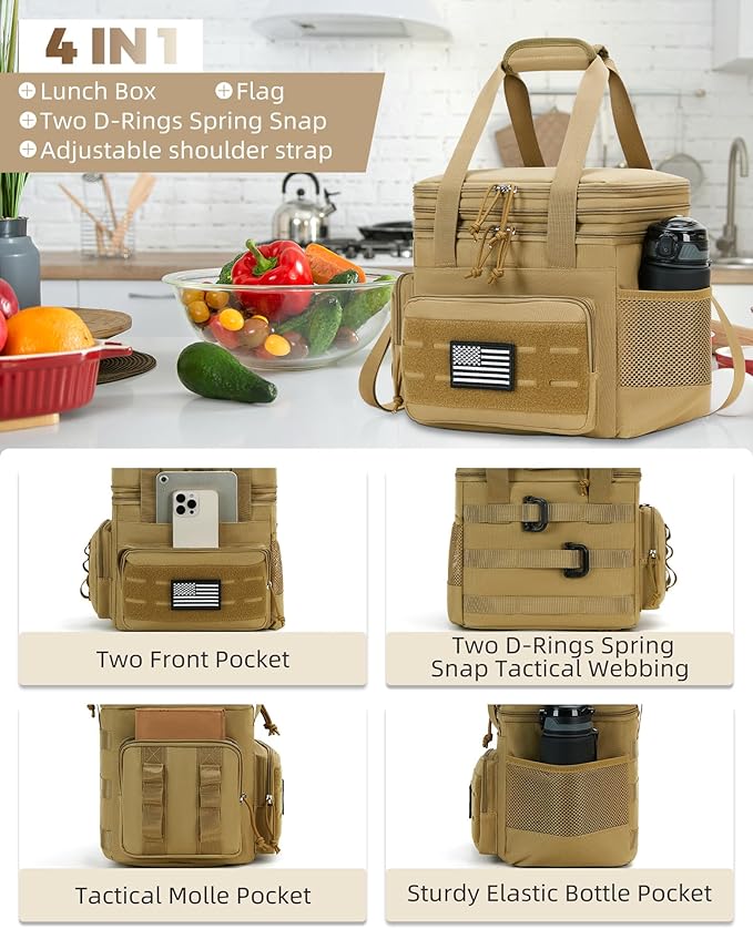 holuxer Tactical Lunch Bag & Lunch Box for Men - Large Double Deck Expandable Insulated Soft Adult Lunchbox for Work - Cooler Bag for Beach, Picnic, Camping,Outdoor，Travel (Brown,16L)