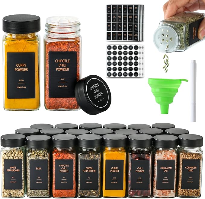 Spice Jars with Label，4oz Glass Spice Bottles With Shaker Lids，Seasoning Containers with Funnel, Chalk Pen for Cabinet，Drawer，Rack (Black, 36)