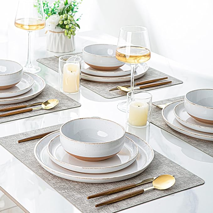 AmorArc 24 Pieces Ceramic Dinnerware Sets for 6, Handpainted Plates and Bowls Set with Rustic Terracotta Underside, Scratch Resistant Stoneware Dishes Set, Dishwasher & Microwave Safe, White