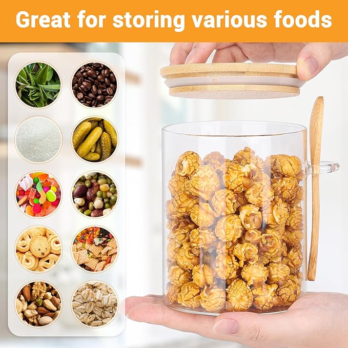 Glass Jars with Bamboo Lids and Spoon - 4 Pack 26 Fl.oz Round Glass Storage Jars with Airtight Lid, Includes Labels and Marker, Sugar Container Set for Coffee Bar, Tea Canister for Cereal, Bean