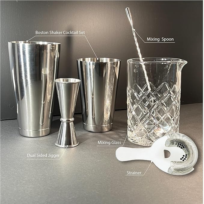 Lily's Home 6-Piece Boston Cocktail Shaker Set: Boston Shaker Cocktail Set,Mixing Glass, Mixing Spoon,Dual Sided Jigger and Stainer,for Home Mixology,Cocktail Lovers & Beginner
