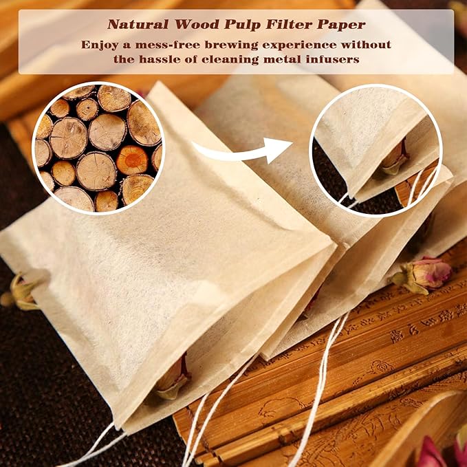 NEPAK 200Pcs Tea Filter Bags for Loose Tea,3.15 x 3.94 inch Disposable Tea Infuser,Empty Tea Bags with Drawstring,Natural Wood Pulp Material