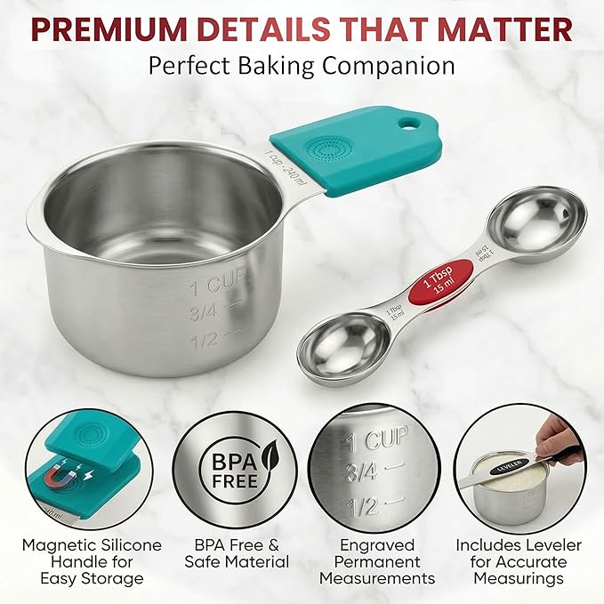 16-Pcs Measuring Cups & Magnetic Spoons Set with Leveler, Food-Grade Stainless Steel, Stackable Design, Silicone Handles, Precise Metal Measuring Cups and Spoons Set for Cooking & Baking (Multicolor)