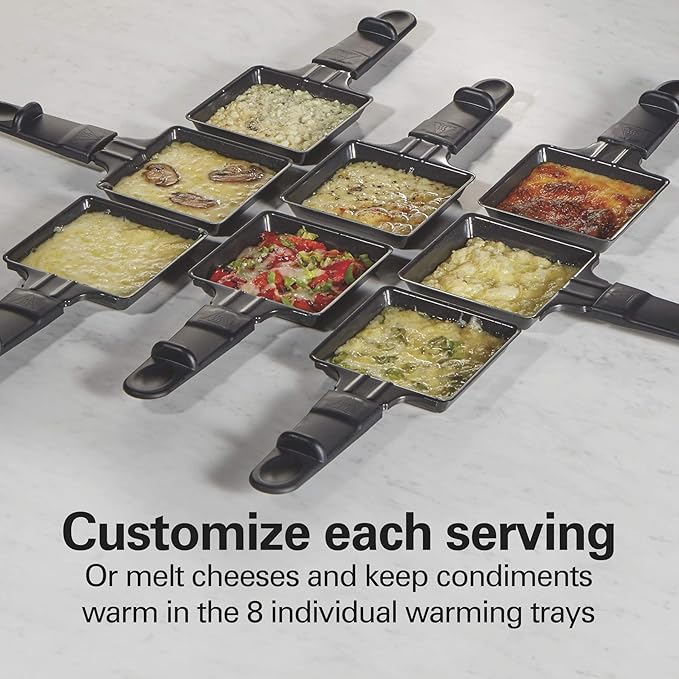 Hamilton Beach Electric Indoor Raclette Table Grill, 200 sq. in. PFAS-Free Nonstick Griddle Serves up to 8 People for Parties and Family Fun, Includes 8 Warming Trays, Black (31612MN-MX)