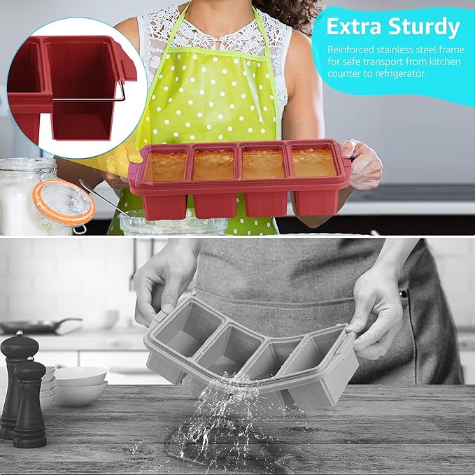 Ztomine Silicone Freezer Tray With Lid - Silicone Freezer Food Molds- Large Ice Cube Tray,Silicone Freezer Container,Freeze & Store Soup, Sauce, Broth,Leftovers - Makes 4 Perfect 1 Cup