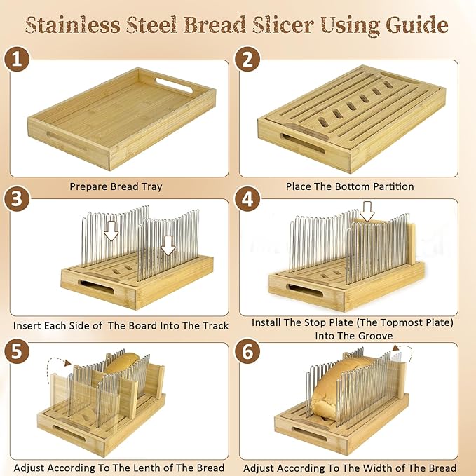 Bamboo Bread Slicer for Homemade Bread by Forest Manor - Adjustable Width Stainless Steel Slicing Guides & Crumb Tray -Sourdough Bread, Cakes, Loaves, Bagel Slicer - Kitchen Baking Tools & Gifts
