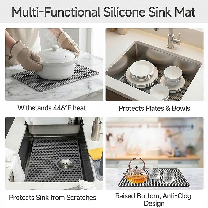 Sink Protectors for Kitchen Sink - 28.34" x 15.74" Silicone Sink Mat - Can DIY Drain Holes - Non-slip Heat Resistant Liner for Bottom of Farmhouse Porcelain Stainless Steel（Grey）