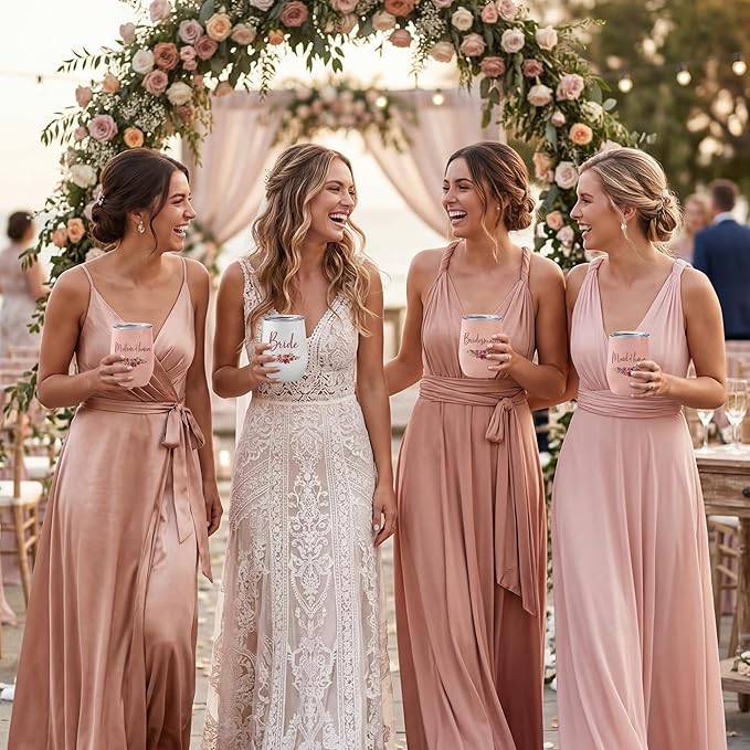 CARAKNOTS Bridesmaid Proposal Gifts Bridesmaid Cups Set of 5 Wedding Tumbler for Bridal Shower Engagement Bachelorette Party Favor Maid Pink Stainless Steel Wine Tumbler with Lid and Straw 12 oz