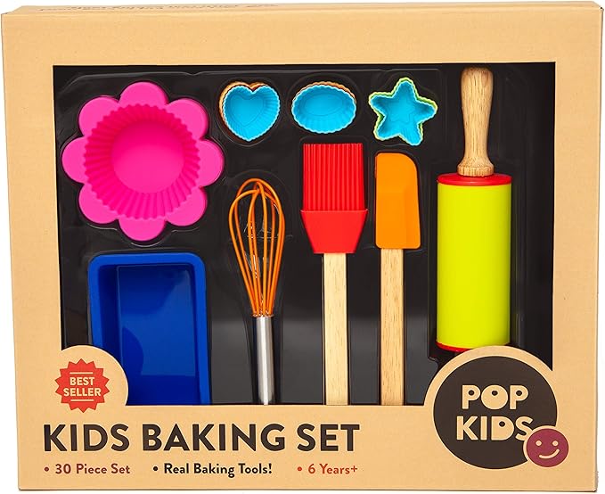 Pop Kid's 30-Piece Real Baking Tools For Kids Sized Cooking Bakeware Set with Silicone Cupcake Molds, Spatula, Whisk, Rolling Pin, Cake Pan for Learning Real Cooking and Baking tools, Child Gift