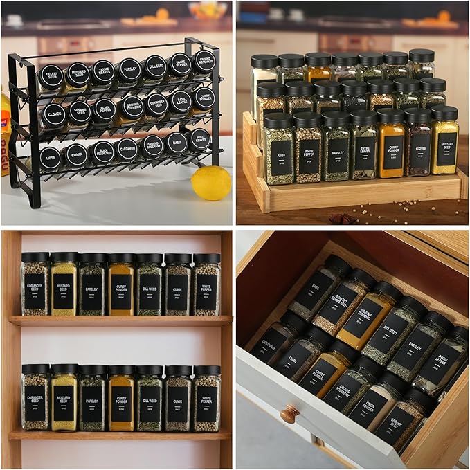 24 Glass Spice Jars with Labels, Spice Jar Set, 4oz Spice Containers, Seasoning Containers with Black Airtight Lids and Shaker Lids, Square Empty Spice Bottles, 492 Labels, 1 Funnel