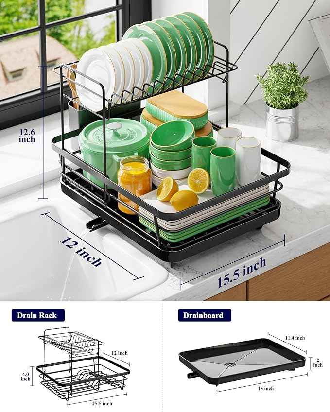 Kitsure Dish Drying Rack for Kitchen Counter, Stainless Steel Sink Organization and Storage Essentials with Cutlery Holder, Home and Appartment Decor, 12''W x 15.5''L, 2-Tiers, Black