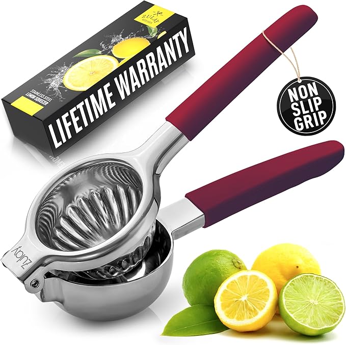 Zulay Kitchen Lemon Squeezer Stainless Steel with Premium Heavy Duty Solid Metal Squeezer Bowl and Food Grade Silicone Handles - Large Manual Citrus Press Juicer and SS Lime Squeezer (Cranberry)