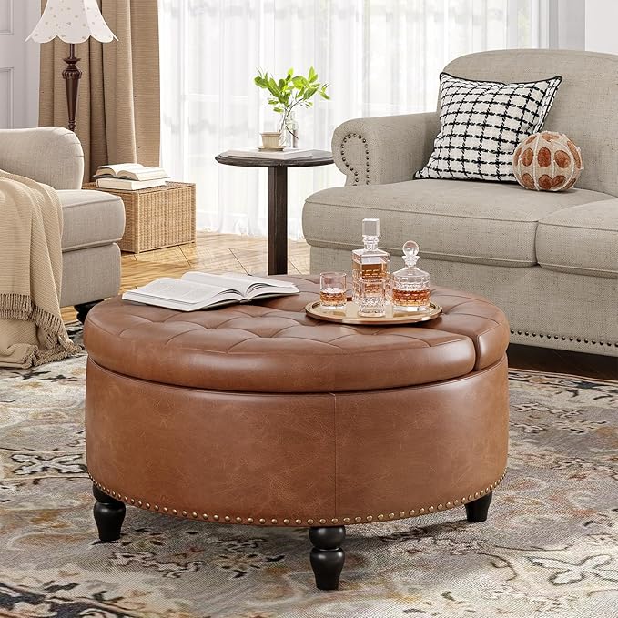 30 Inch Large Round Ottoman with Storage, Modern Leather Ottoman Coffee Table with Lift Top, Upholstered Button Tufted Footrest Stool Toy Blanket Storage for Living Room, Brown