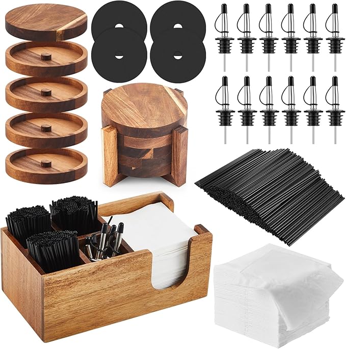 Mifoci 5 Tier Multifunctional Acacia Wood Bar Glass Rimmer Bartender Tool with 12 Pcs Stainless Steel Classic Bottle Pourer Bar Caddy with 6 Compartment 1000 Pcs Coffee Cocktail Stirrers 200 Napkins