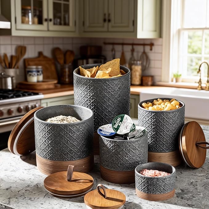 Miamolo Ceramic Jar with Lid Airtight, Coffee Canister Kitchen Food Storage Jars for Spice Sugar Salt, Coffee Bar Accessories Decorative Container for Countertop - Gray & 42 fl.oz