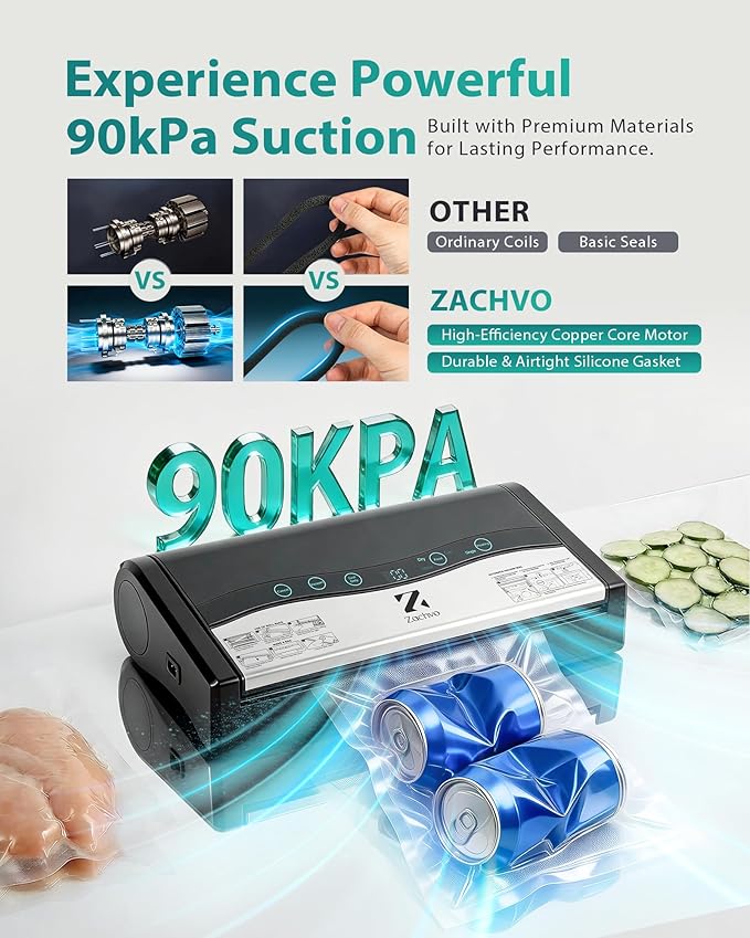 90kPa 10-in-1 Vacuum Sealer for Food, Double Heat Seal for for Bulk Meat Portioning, Dry & Moist Modes, Built-in Cutter and Bag Storage, Starter Kit with Bag Rolls and Hose, Black