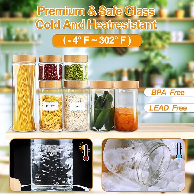 Glass Canisters With Airtight Bamboo Lids - 3 Pack 80oz Cereal Containers, Cookie Jars, Pasta Storage - Screw On Kitchen Jars