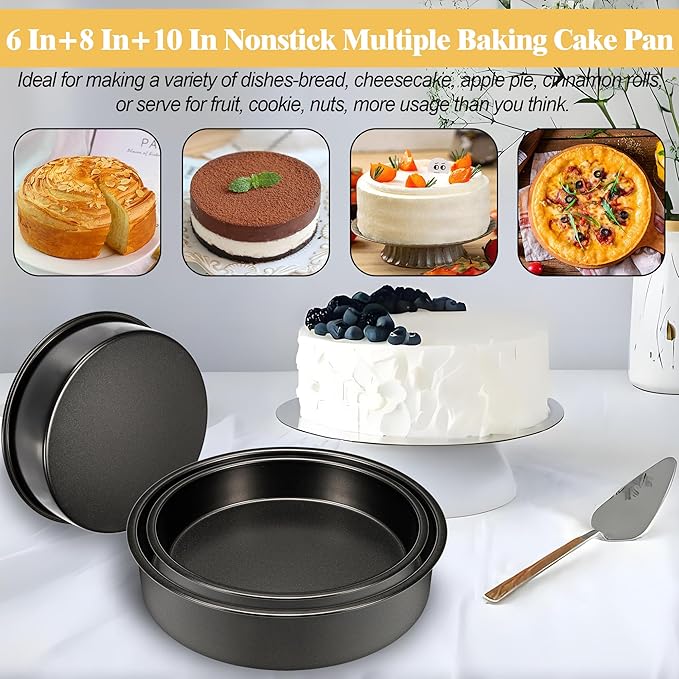 Round Cake Pans Set of 3 (6, 8, 10 Inch), Nonstick Circle Cake Pan with 90PCS Parchment Paper for Layer Cakes Deep-Dish Pizza Tart, Baking Pans Set for Christmas Birthday Thanksgiving, Dishwasher Safe