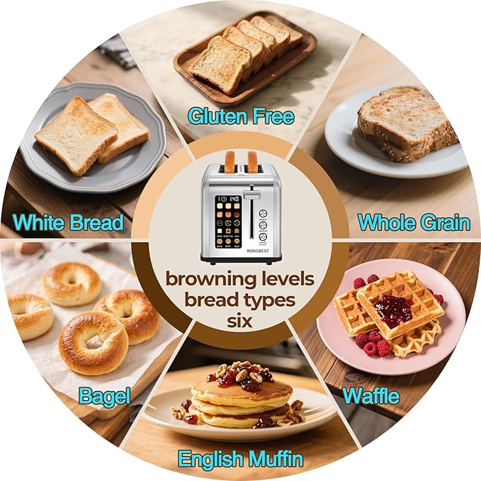 2 Slice Touch Screen Toaster with Wide Slots Stainless Steel Toasters Even Toasting for Bagels & Bread, Reheat & Defrost, Easy Removable Crumb Tray, Silver
