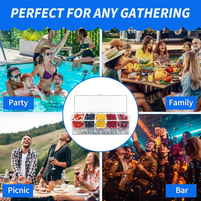 Large Ice Chilled Condiment Caddy，Chilled Condiment Containers Server with Lids for 5 Removable Compartments (2.5 cup)，Serving Platters, Fruit & Garnish Tray for Party Supplies & Bar Accessories