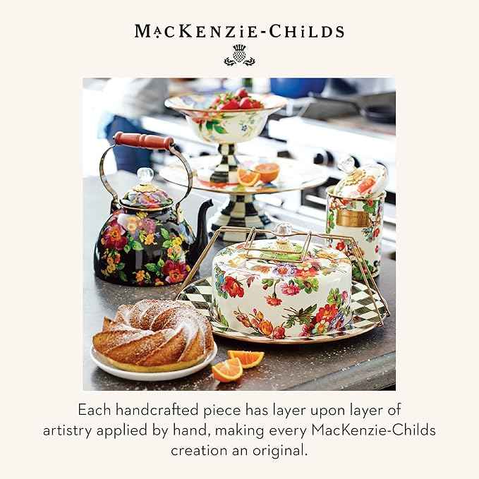 MACKENZIE-CHILDS Cake Carrier, Cake-Dish Serving Platter with Lid and Handles, White Flower Market with Black-and-White Courtly Check