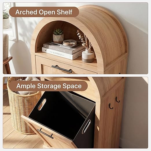 Seang Arched Tilt-Out Trash Can Cabinet,Laundry Hamper Cabinet with Foldable Laundry Basket,Wooden Hidden Garbage Can Cabinets with Metal Handle & Hooks,Natural