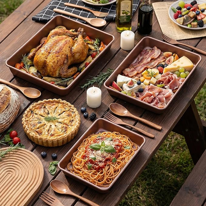 Deep Baking Pans Set of 3, Stainless Steel Sheet Cake Pan Nonstick Rectangle Cake-Baking Sheet, Metal Oven Tray 13/11/9 Inch for Cake Lasagna Brownie Casserole Cookie, Golden