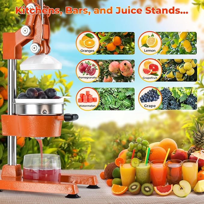 ROEDEER Heavy-Duty Manual Citrus Juicer – Cast Iron Orange Juicer Squeezer, Dual-Die Head, Manual Juicer, Citrus Squeezer, Lemon Juicer Manual & Pomegranate Juicer for Fresh Juice (Orange)