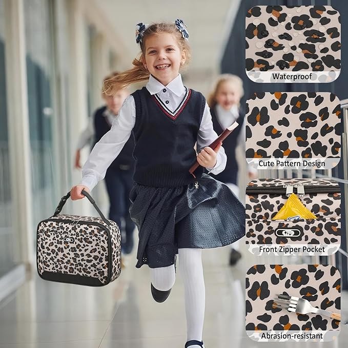 Lunch Box Kids Insulated Lunch Bag for Boys Girls Cute Reusable Lunch Tote Bag Waterproof Portable Thermal Lunch Box Kids for School Picnic Travel Leopard Print