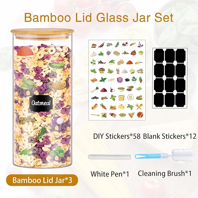 BGraceyy Glass Jars with Bamboo Lids, 58 oz 3 Pcs Kitchen Glass Containers with Bamboo Lids, Airtight Glass Pantry Storage Containers with Lids for Rice, Flour, Nuts, Cookie, Pasta, Oatmeal, Bean