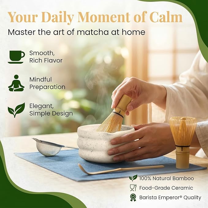BARISTA EMPEROR® MATCHA WHISK SET PREMIUM 11pcs - Professional Matcha Kit Set with Matcha Bowl, Matcha Whisk, Milk Frother, Spoon, Sifter, Scoop, Stand, Cup, Tea Mat, Cloth - Matcha Bowl Set