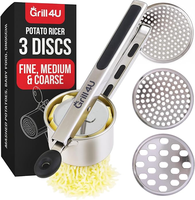 Large 15oz Potato Ricer with 3 Interchangeable Discs - Professional Stainless Steel Masher for Fluffy Mashed Potatoes, Gnocchi & Guacamole - Ergonomic Silicone Handles, Heavy Duty & Dishwasher Safe