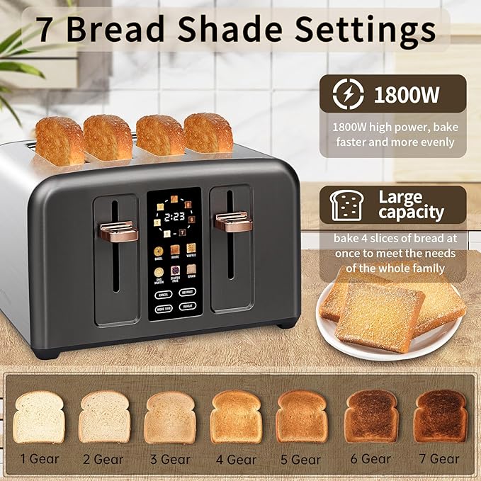 SEEDEEM Toaster 4 Slice, Stainless Toaster & Touch Control, LCD Display, 6 Bread Type, 7 Shade Settings, 1.5'' Wide Slots, Cancel/Defrost/Reheat, Removable Crumb Tray, 1800W, Dark Metallic