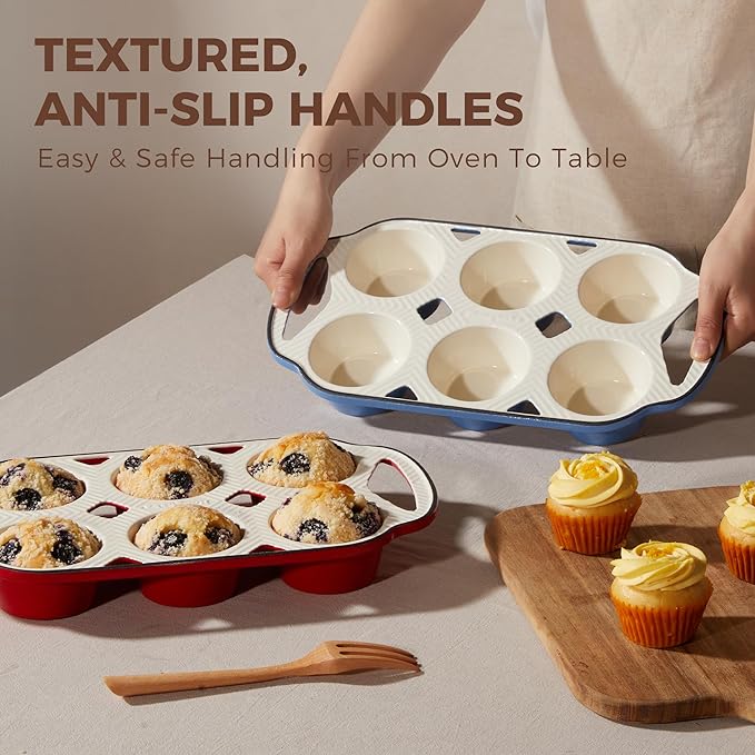 HONGBAKE Everline Collection Enameled Cast Iron Muffin Pan, Non Tocix Naturally Muffin Tin 6, Non Stick Cup Cake Pans for Baking, Oven & Stovetop Safe, Standard Size, 2 Pack, Blue