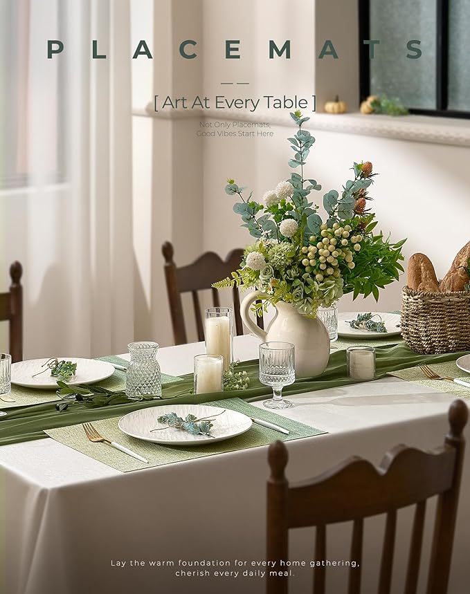 Leetaltree Gradient Green Woven Placemats Set of 6 - Heat Resistant Non-Slip Place mats for Dining Table, Washable Durable PVC Vinyl Woven Table Mats(Gradient Green, 6)