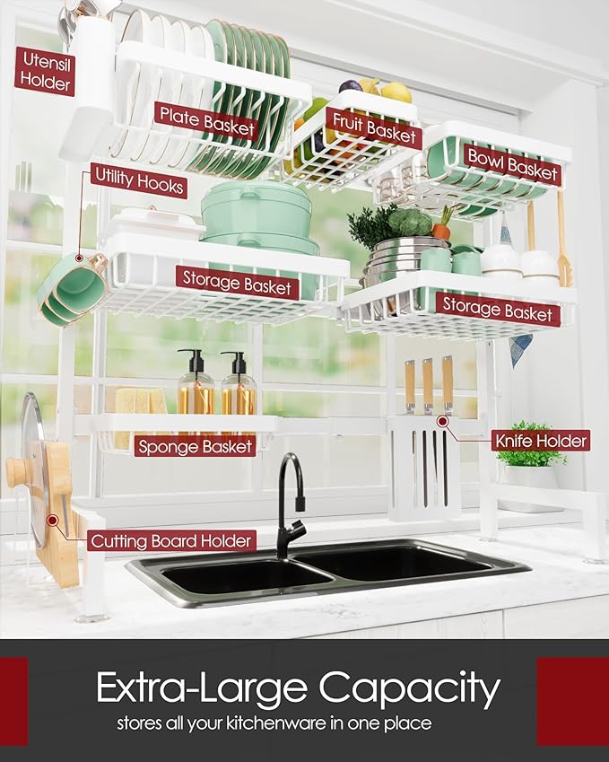 Sakugi Dish Drying Rack - Over The Sink Dish Drainer Drying Rack with Utensil & Knife Holder, Hooks, Stainless Steel Kitchen Organizers and Storage Solution, 11.8" D x 31.5"~39.0''W x 30" H, White