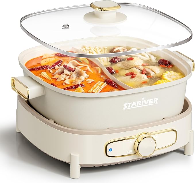 Stariver Hot Pot Electric with Divider, Large 6L Nonstick Double-Flavor Electric Shabu Shabu Pot, 1500W Hotpot with 3 Power Settings, Perfect for Family Dinners & Parties,White
