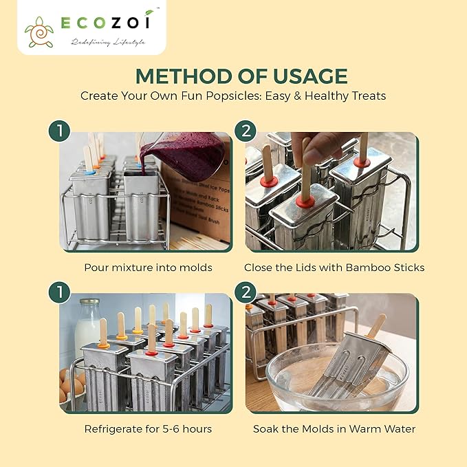 ecozoi Stainless Steel Popsicle Molds and Rack - 10 Square Ice Pop Makers + 50 Reusable Bamboo Sticks + 20 Silicone Seals + 1 Cleaning Brush + 1 Rack