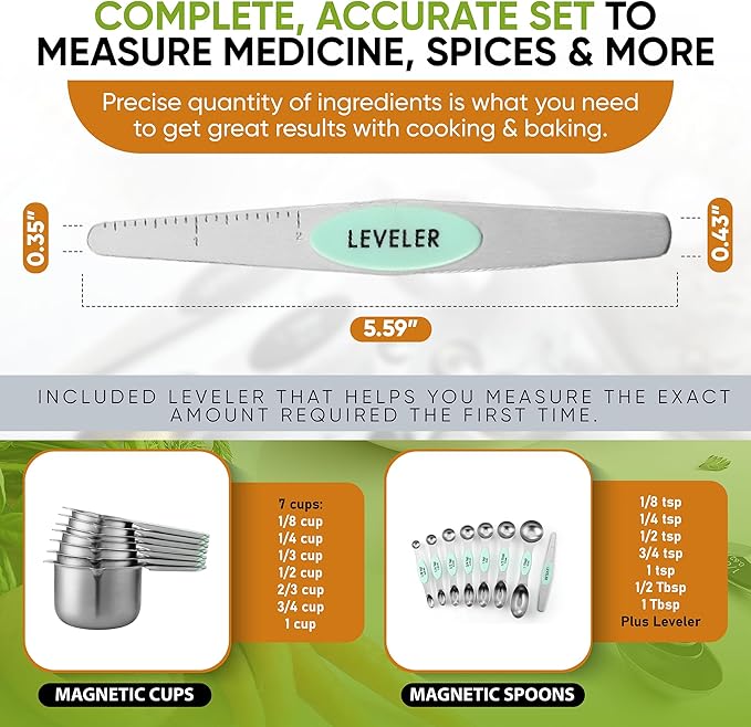 Spring Chef Magnetic Measuring Cups & Spoons Set, Patented, Strong N45 Magnets, Heavy Duty Stainless Steel Fits in Spice Jars for Baking & Cooking, BPA Free, Round Set of 15 with Leveler, Mint