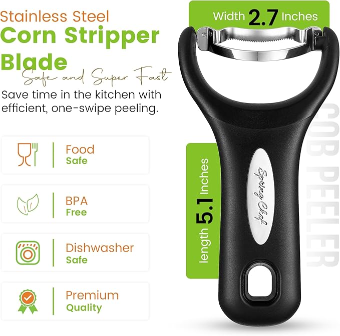 Spring Chef Stainless Steel Corn Peeler – Corn on the Cob Stripper Tool – Durable & Efficient Kernel Remover Tool – Easy to Use Kernel Cutter - Dishwasher Safe Kitchen Gadget - Black