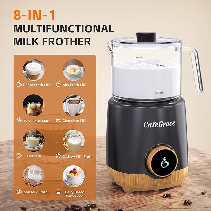 8 in 1 Milk Frother and Steamer, 20 oz Large Capacity, 550 Watts, Fast Froth Whip Creamy, Automatic Warm and Cold Foam Frother for Coffee, Latte, Macchiato, Cappuccino, Hot Chocolate
