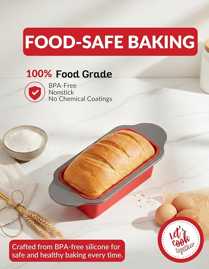 Boxiki Kitchen Premium Non-Stick Silicone Bread Loaf Pan, 9x5 Inches – Heavy-Duty Steel Frame, Non-Toxic, BPA & PFOA Free – Perfect for Pound Cakes, Breads, & More.