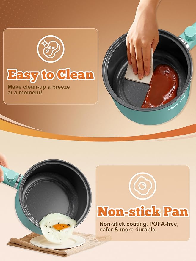 Topwit Hot Pot Electric with Steamer, 1.5L Ramen Cooker, Non-Stick Sauté Pan, Portable Cooking Pot, Electric Cooker with Dual Power Control, BPA Free, Over-Heating & Boil Dry Protection, Green