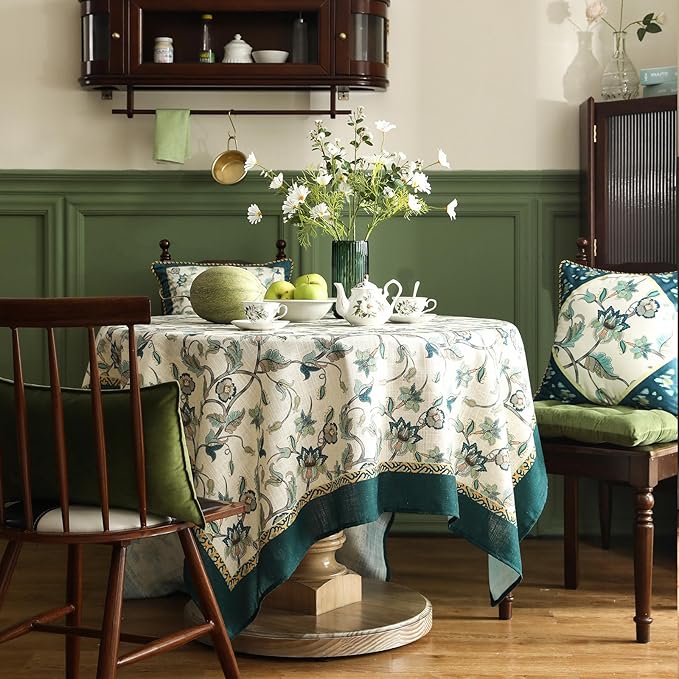 patdrea Designer Linen Vintage Round Table Cloth,Vintage Green Floral Pattern Durable Tablecloth,Table Cover Decor for Kitchen Dining,Parties,Christmas,Thanksgiving,Party,Diameter 55"-Noah