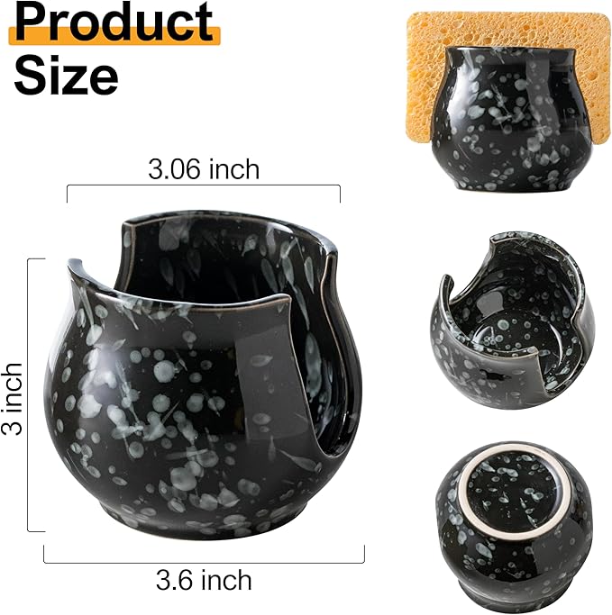 Kitchen Sponge Holder, Ceramic Dish Sponge Holder Kithen Sink Organizer Farmhouse Brush Holder Dish Rack for Bathroom, Kitchen, Sink, Black