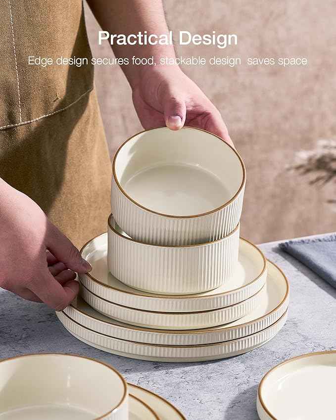 Famiware Star Dinnerware Set, Plates and Bowls Sets for 6 (18pcs), Ribbed Stoneware Dishes - Chip & Scratch Resistant, Microwave & Dishwasher Safe Kitchenware, Cream