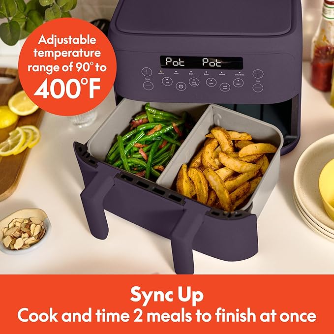 bella 4 Qt TriZone Air Fryer, EverGood™ Ceramic Nonstick Coating, Dual Basket Design w Removable Divider, Digital Touchscreen Control w 6 Preset Cooking Options, 1200 Watt, 3lb Capacity, Plum