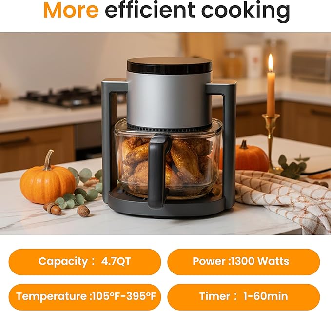 HealSmart 10-in-1 Glass Air Fryer, 4.7QT Non-Toxic Healthy Air Fryer with Rapid Air Crisping Technology, Versatile Functions for Bake, Roast, Dehydrate & Reheat, Nonstick & Dishwasher Safe Design