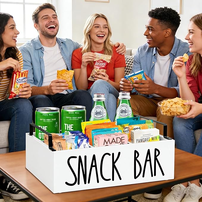 Snack Organizer for Countertop, Wood Pantry Storage Bins with Handles, Snack Bar Organizer for Pantry Shelf, Kitchen, 4 Compartment Food Container Snack Box, Pantry Organizer for Snacks, Chips