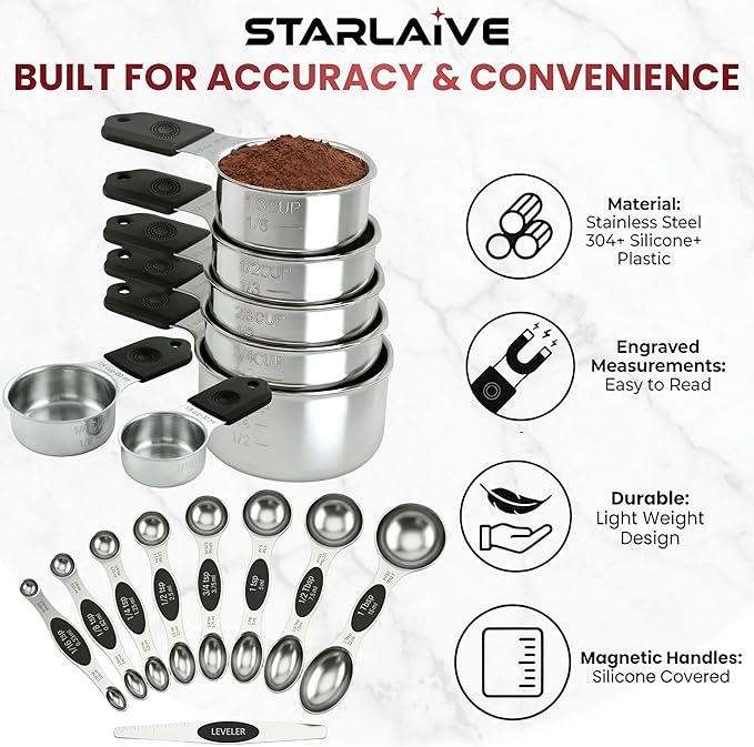 16-Pcs Measuring Cups & Magnetic Spoons Set with Leveler, Food-Grade Stainless Steel, Stackable Design, Silicone Handles, Precise Metal Measuring Cups and Spoons Set for Cooking & Baking (Black)